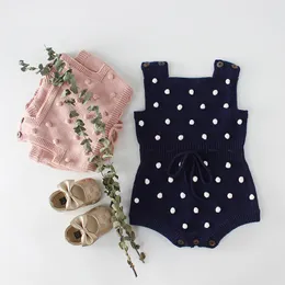 Spädbarn Baby Stickade Rompers 3+ Dot Tryckt Ärmlös Solid Ull Jumpsuit Midja Elastisk Band Kid Onesies Flickor Outfits Kläder 0-2T 28 Y2