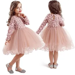Spring Little Girls Flower Lace Princess Dress Party es Children Holiday Mesh Tutu Kids Long Sleeve Casual Clothing 211231