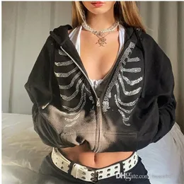 Ladies 2023 Spring Rhinestone Skeleton Hoodies Women Gothic Black Zip Up Oversized Sweatshirts Female Retro Harajuku Hooded Jacket Streetwear