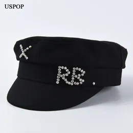 USPOP New Winter hats for women wool newsboy diamond letter thick flat top visor military caps Y200102