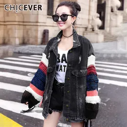 Chicker patchwork borla jaqueta denim para mulheres lapela de confecção de luva longa hit cor feminina casacos outono roupas casuais 201029