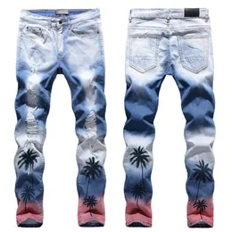 Mäns jeans högkvalitativa män jeans kokosnöt palm tryckt färgade rippade smala fit hål nödställda stretch denim byxor byxor