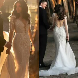 Kollar 2021 Uzun Elbiseler Denizkızı Seksi Sırtsız 3D Çiçek Aplike Süpürme Tren Tül Sequins Düğün Gelin Gown Vestido De Novia