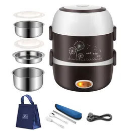 220 V Przenośny Elektryczny Ogrzewanie Ogrzewanie Lunch Box Ze Stali Nierdzewnej Pojemnik na żywność Termos Biuro Bento Box Food Steamer Mini Rice Cooker 201208