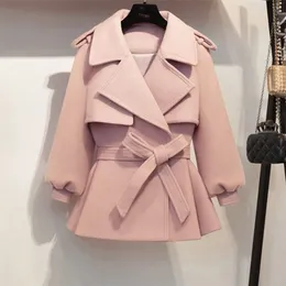 Новое осень зимнее пальто женские шерстяные короткие куртки женские винтажные тонкие куртки пояса розовые пальто casaco feminino 201027