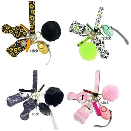 Many Colors 9 pcs Defense Keychain Set Alarm Pompom Hand Sanitizer Wrist strap Lipstick Keychains Bottle Opener For Woman Men Self-defense Keyring