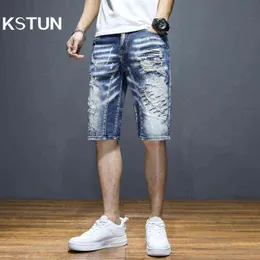 Denim shorts jeans homens alongamento rasgado 2021 verão nova cores pintura retalhos desgastados angustiados mens calções jeans de alta qualidade g0104
