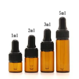 Tom Mini Essential Oil Bottles 1ml 2ml 3ml 5 ml Amber Glass Dropper Flaskor med svart dropp Cap till salu