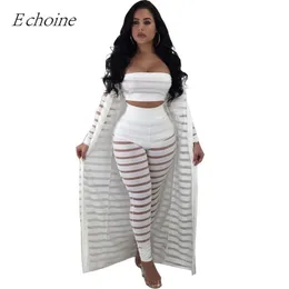 Echoine Sexy 3 Pieces Set Sheer Mesh Club Outfits Plus Size Crop Top Pants Långärmad Cardigan Two Piece Set Ensemble Femme 201008