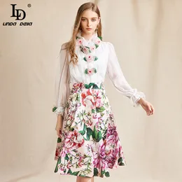 LD LINDA DELLA أزياء مصمم الصيف مجموعات المرأة يزين طويل الأكمام الشاش قمم وزهرة مطبوعة تنورة 2 قطعتين دعوى 201130