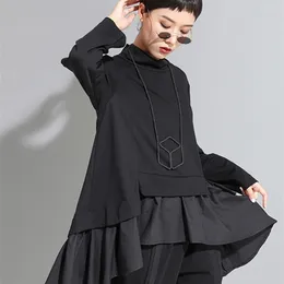 EAM LOOST FIT Asymmetrical Ruffles Sweatshirt High Collar Long Sleeve Women Big Size Fashion Spring Autumn 1A529 220314