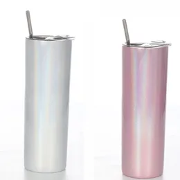 Sublimation 20oz Skinny Tumblers Rainbow Straw Lid Double Wall Stainless Steel Vacuum Insulated Drinking Cups Portable Coffee Mugs VT1739