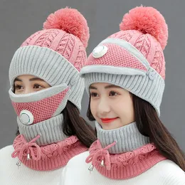 3pcs winter knit women hat girls ear warm fur pom pom ski caps mask scarf set with breathing valve SET JXW722