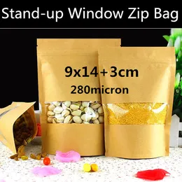 50pcs 9 centímetros * 14 + 3 centímetros 280micron pequeno Kraft Paper Bag Janela Levante-Zip fechamento Dom embalagens