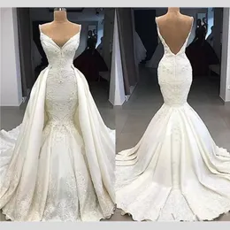 Luxuriöses, zartes Meerjungfrau-Hochzeitskleid mit V-Ausschnitt und abnehmbarer Schleppe, fleckiger Spitze, rückenfreie Brautkleider in Übergröße, individuelle Vestidos