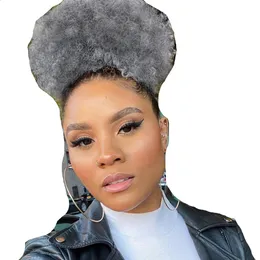熱い販売100％本物の髪の灰色のパフアフロポニーテールヘアエクステンションクリップレミーアフロキンキーカーリー巾着ポニーテール灰色の髪ピース120g
