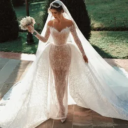 Abiti sauditi a sirena dell'Arabia con strascico staccabile Illusion maniche lunghe Abiti da sposa con perline in pizzo Personalizza l'abito da sposa