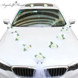 DIY Artificial Flower White Wedding Car Bridal Car Decoration Door Handle Ribbons Silk Corner Flower Galand With Tulle Gifts Set 201222