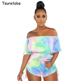 Tsuretobe Sexy Tie Dye Print Playsuit Slash Neck Donna Casual Ruffle Tuta Off Spalla Bodycon Bandage Party Tuta Outfit T200704