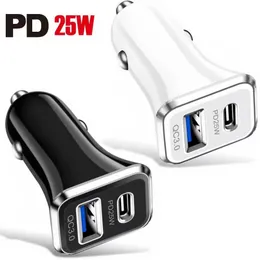 빠른 빠른 충전 25W 12W 듀얼 포트 PD USB-C 차량 충전기 자동 전력 어댑터 소매 상자와 함께 안드로이드 폰 GPS PC