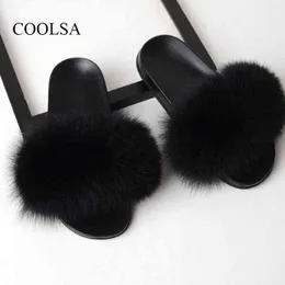 Summer Ladies Colorful Fox Fur Fluffy Slippers Women's Lovely Plush Real Fox Hair Slides Party Furry Flip Flops Women's Sandals W220218