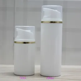 100-ml-Airless-Flasche aus weißem Kunststoff mit goldener Linie und transparentem Verschluss, Glas