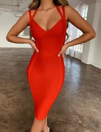 Darmowa Wysyłka Kobiety Styl Styl Sexy V Neck Backless Black Red Bandage Dress 2021 Projektant Moda Wieczór Party Dress Vestido Y0118