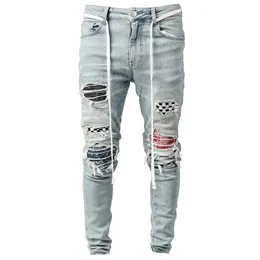 Mens Moto Biker Jeans Hip Hop Embroider Black Blue Cool Skinny Ripped Stretch Slim Elastic Denim Pencil Pants Man S-3XL Y0127206E