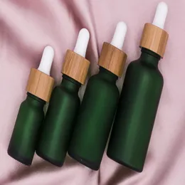 10ml 15ml 20ml 30ml Frosted Clear Glass Dropper Bottle with Bamboo Lid Cap Essential Oil Glasss Bottles Frosted Green
