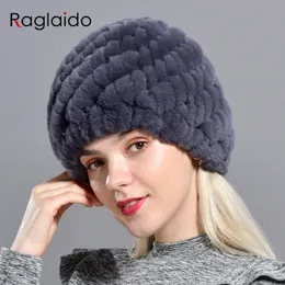 Raglaido kanin vinter pälshatt för kvinnor ryska riktig päls stickad mössa headgea vinter varma mössa hattar modemärke lq11279 y201024