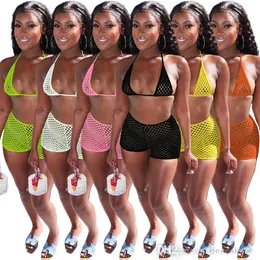 2022 Summer Women Three Piece Spodnie Zestaw Designer Dresy Sexy Hollow Bikini Mesh Bra + Spodenki Swimsuit Luksusowy Beachwear Plus Size