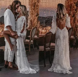Elegant Full Lace Wedding Dresses Bride Gown Boho Long Puff Sleeve Country Sexy Backless Beach Charming Wedding Dress 2023 Bridal Gowns