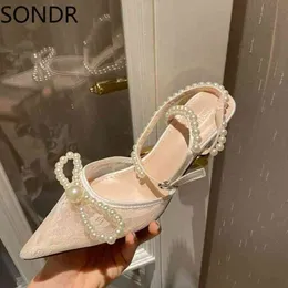 Sandels Femmes Bout Pointu Dentelle Perles Transparentes Cheville Sangle Stilettos Sandales À Talons Hauts Chaussures Slingbacks Mariage De Mariée 220303