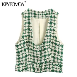 KPYTOMOA Moda donna Button-up Tweed Gilet corto Cappotto Vintage scollo a V Manica lunga Capispalla femminile Chic Top 201211