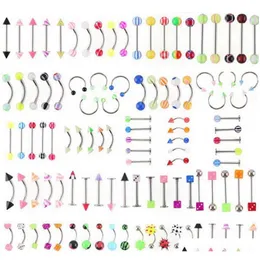 Navel Rings Wholesale Promotion 110Pcs Mixed Models/Colors Body Jewelry Set Resin Eyebrow Navel Belly Lip Tongue Nose Piercing Bar 4Tei5