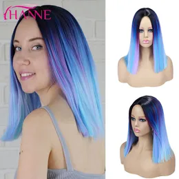 Syntetiska hår peruker ombre svart till lila blanda blå / rosa / grå kort raka peruker för kvinnor cosplay eller fest