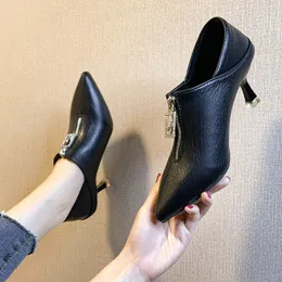 Autumn Single Shoes Woman High Heels Women Pumps Pointed toes Two Wearings Work Shoes Front Zip Female Footware Black