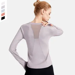 Gym Kläder Dam Lång Finger Ärm Sport Skjorta Rund Neck Running Muskel Tank Övning Yoga Top Mesh Panels Fitness Athletic Plagg