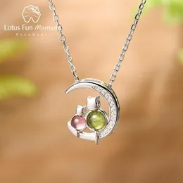 Lotus Fun Natural Tourmaline Gemstones Zircon Fashion Cat and Moon Necklace Real 925 Sterling Silver Fine Jewelry Gift for Women Q0531