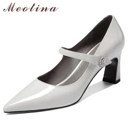 Meotina High Heels Women Shoes Natural Genuine Leather Block High Heel Mary Janes Shoes Leather Leathe