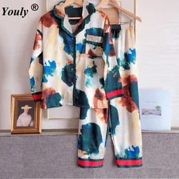 Abstract Print Satin Pyjamas Sets Women Casual Pants Long Sleeve Silk Pajamas Sets Sleepwear Pijama Female Nightsuit Sets 201009