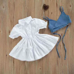 1-6Y Mode Kinder Mädchen Sommer Kleidung Sets 2 stücke Einfarbig Denim Strap Ärmellose Crop Tops + Weißes Hemd kleider G220310
