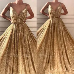 Reflective New Bling Gold Sequined A Line Prom Dresses Party Spaghetti Straps Evening Gowns Formal Dress Ogstuff Vestidos