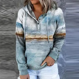 Autumn Winter Fahsion Casual Drawstring Button Tops Pullover Hoodie Vintage Landscape Printed Hooded Sweatshirts 220314