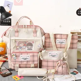 5 Zestaw Kobiet Plecak Harajuku Plaid Torby Szkolne Dla Nastoletnich Girls Boy Kawaii College Student Kids Book Bagpack Rucksack 2022 220224