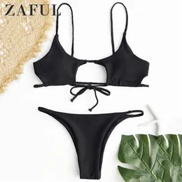 Zaful Bikini Trançado Ribbed Recorte Bikini Set Spaghetti Cintas Low Wisisted Sold Swimsuit Mulheres Swimwear Sexy Banhing Terno T200508