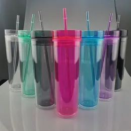 22oz acrylic tumbler double wall skinny tumblers plastic clear water bottle coffee mug with straw A02