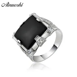 AINOUSHI Fashion 925 Sterling Silver Men Wedding Engagement Ring Black Square Maschio Silver Birthday Party Ring Gift hombre suena Y200106