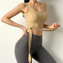 Gym Kläder Kvinnor Höst Sportkläder Sexig Ribbon Sport Vest Underkläder Träning Yoga Crop Top Running Fitness Tank utan kudde