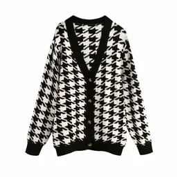 Evfer Women Autumn Casual Houndstooth Black Knitted Cardigans Sweater Laides Fashion V-neck Long Sleeve Plaid Sweaters Chic 201202